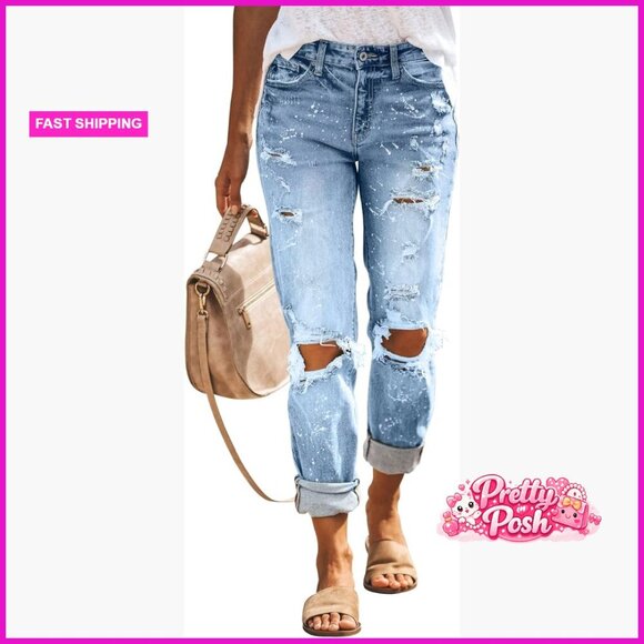 Denim - Ripped Mid Waisted Boyfriend Jeans Loose Fit Distressed Stretchy Denim Pants